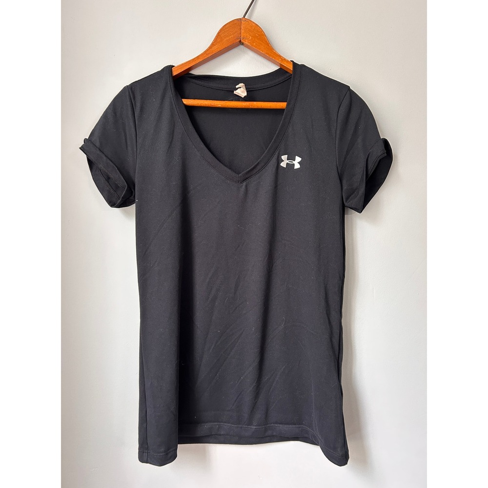 Under Armour HeatGear V-Neck Short Sleeve Training Tee Black Women XS Loose Fit